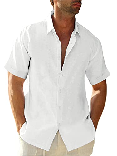 Runcati Leinenhemd Herren Sommer Kurzarmhemd Freizeithemd Sommerhemd Strandhemd Business Shirts für Männer, Weiß, M von Runcati
