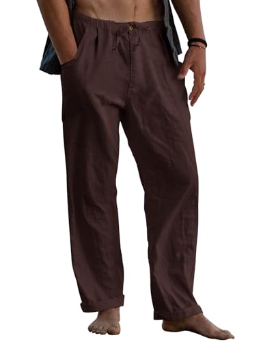 Runcati Leinenhose Herren Baggy Leichte Sommerhose Lang Männer Einfarbig Freizeithose Strand Yoga Hose mit Kordelzug, Braun, XXL von Runcati