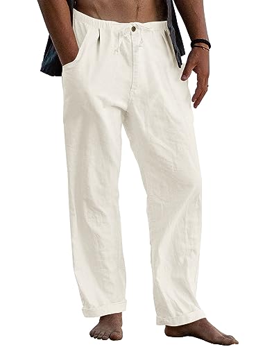 Runcati Leinenhose Herren Baggy Leichte Sommerhose Lang Männer Einfarbig Freizeithose Strand Yoga Hose mit Kordelzug, Hellbeige, L von Runcati