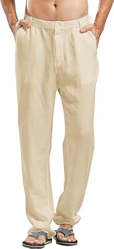 Runcati Leinenhose Herren Hose Herren Lang Leicht Sommerhose Casual Einfarbig Freizeithose Loose Fit Standhosen mit Taschen Elastischer Bund Beige XXL von Runcati
