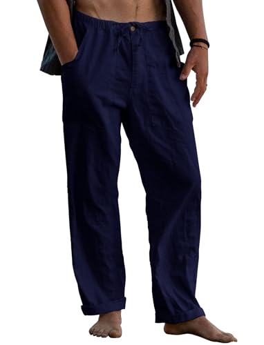 Runcati Leinenhose Herren Lang Freizeithose Leicht Sommerhose Strandhose Yoga Hosen mit Taschen Elastischer Bund Loose Fit Dunkelblau XXL von Runcati