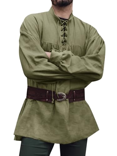 Runcati Mittelalter Hemd Herren Piratenhemd Langarm Steampunk Wiking Renaissance Viktorian Halloween Kostüm Shirt Oberteile,Armeegrün,M von Runcati