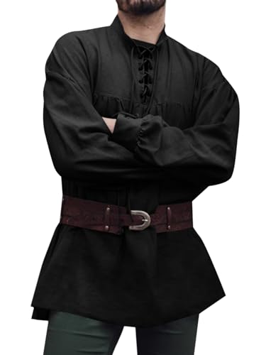Runcati Mittelalter Hemd Herren Piratenhemd Langarm Steampunk Wiking Renaissance Viktorian Halloween Kostüm Shirt Oberteile,Schwarz,XL von Runcati