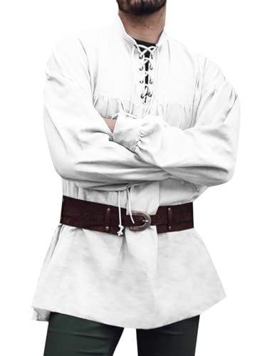 Runcati Mittelalter Hemd Herren Piratenhemd Langarm Steampunk Wiking Renaissance Viktorian Halloween Kostüm Shirt Oberteile,Weiß,XL von Runcati