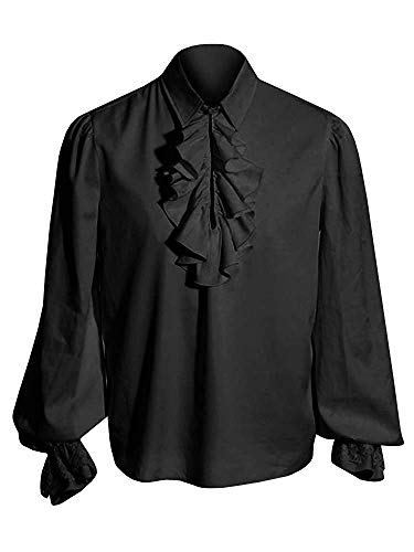 Runcati Mittelalter Hemd Herren Rüschenhemd Langarm Pirat Shirt Gothic Kostüm Viktorian Renaissance Viking Cosplay Tops, Schwarz, XL von Runcati