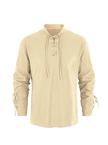 Runcati Mittelalter Herren Hemd Steampunk Piraten Kostüm Viking Schnürhemd Viktorian Renaissance Stehkragen Cosplay Tops, Beige, L von Runcati