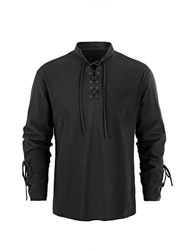 Runcati Mittelalter Herren Hemd Steampunk Piraten Kostüm Viking Schnürhemd Viktorian Renaissance Stehkragen Cosplay Tops, Schwarz, L von Runcati