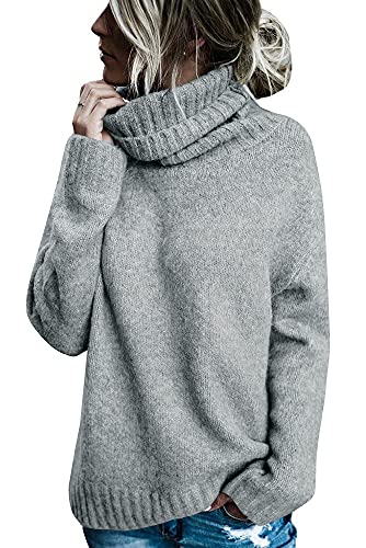 Runcati Pullover Damen Rollkragen Strickpullover Langarm Einfarbig Casual Loose Winter Warm Sweater,Grau,S von Runcati