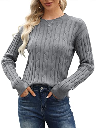 Runcati Pullover Damen Strickpullover Winter Rundhals Classic Fit Einfarbig Langarm Warm Casual Lose Sweater Grau S von Runcati