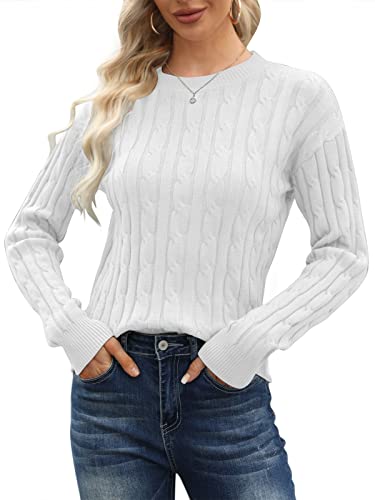 Runcati Pullover Damen Strickpullover Winter Rundhals Classic Fit Einfarbig Langarm Warm Casual Lose Sweater Weiß S von Runcati