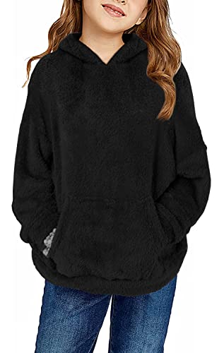 Runcati Pullover Mädchen Kapuzenpullover Fuzzy Teddy Fleece Sweatshirts mit Kapuze Taschen Freizeit Warm Kinder Hoodies,Schwarz,6-7Jahre von Runcati