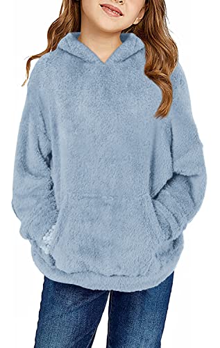Runcati Pullover Mädchen Kapuzenpullover Fuzzy Teddy Fleece Sweatshirts mit Kapuze Taschen Freizeit Warm Kinder Hoodies,Blau,12-14Jahre von Runcati