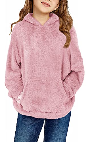 Runcati Pullover Mädchen Kapuzenpullover Fuzzy Teddy Fleece Sweatshirts mit Kapuze Taschen Freizeit Warm Kinder Hoodies,Dunkelrosa,12-14Jahre von Runcati