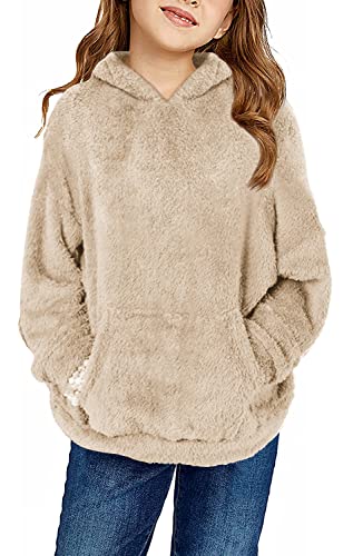 Runcati Pullover Mädchen Kapuzenpullover Fuzzy Teddy Fleece Sweatshirts mit Kapuze Taschen Freizeit Warm Kinder Hoodies,Khaki,4-6Jahre von Runcati