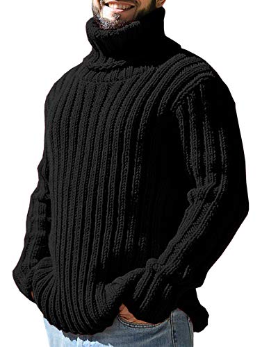 Runcati Rollkragenpullover Herren Strickpullover Zopfmuster Herbst Winter Grobstrick Einfarbig Pulli Sweater, Schwarz, XXL von Runcati