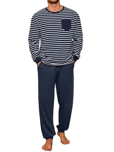 Runcati Schlafanzug Herren Lang Zweiteiliger Pyjama Set Langarm Gestreiftes T-Shirt und Einfarbig Schlafanzughose Männer Baumwolle Rundhals Nachtwäsche Dunkelblau M von Runcati