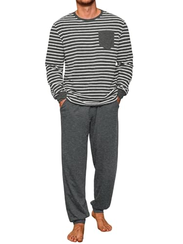 Runcati Schlafanzug Herren Lang Zweiteiliger Pyjama Set Langarm Gestreiftes T-Shirt und Einfarbig Schlafanzughose Männer Baumwolle Rundhals Nachtwäsche Dunkelgrau XXL von Runcati
