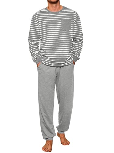 Runcati Schlafanzug Herren Lang Zweiteiliger Pyjama Set Langarm Gestreiftes T-Shirt und Einfarbig Schlafanzughose Männer Baumwolle Rundhals Nachtwäsche Hellgrau XXL von Runcati