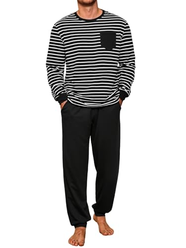 Runcati Schlafanzug Herren Lang Zweiteiliger Pyjama Set Langarm Gestreiftes T-Shirt und Einfarbig Schlafanzughose Männer Baumwolle Rundhals Nachtwäsche Schwarz XL von Runcati