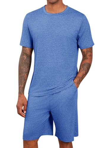 Runcati Schlafanzug Herren kurz Sommer Pyjama Sets mit Rundhalsausschnitt Kurzarm T Shirts und Shorts 2-Teiliges Lounge Sets Nachtwäsche Blau XXL von Runcati