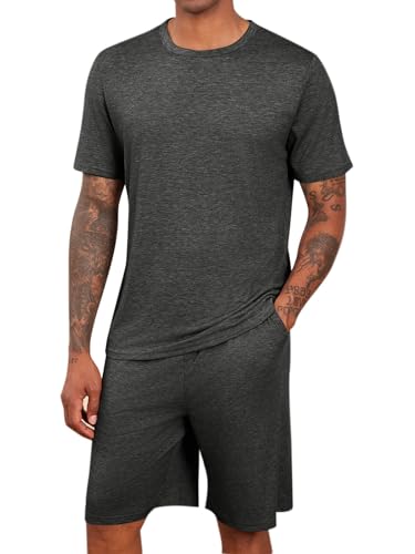 Runcati Schlafanzug Herren kurz Sommer Pyjama Sets mit Rundhalsausschnitt Kurzarm T Shirts und Shorts 2-Teiliges Lounge Sets Nachtwäsche Dunkelgrau XL von Runcati