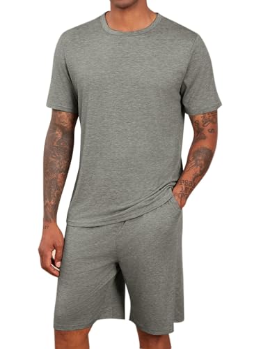 Runcati Schlafanzug Herren kurz Sommer Pyjama Sets mit Rundhalsausschnitt Kurzarm T Shirts und Shorts 2-Teiliges Lounge Sets Nachtwäsche Grau L von Runcati