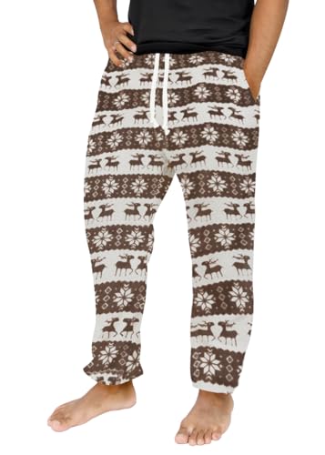 Runcati Schlafanzughose Herren Lang Fleece Warm Weihnachts Rentier Hose Freizeithose mit Taschen und Kordelzug Lounge Pyjamahose,Braun,M von Runcati