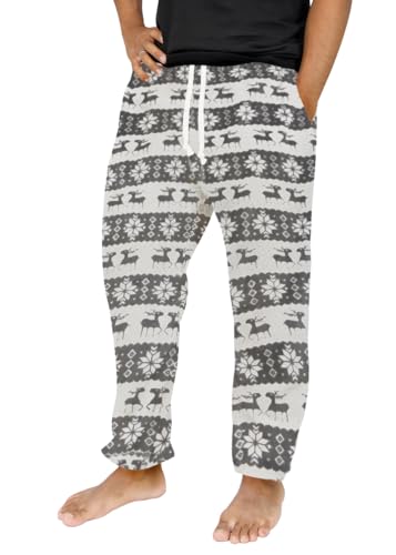 Runcati Schlafanzughose Herren Lang Fleece Warm Weihnachts Rentier Hose Freizeithose mit Taschen und Kordelzug Lounge Pyjamahose,Grau,XL von Runcati