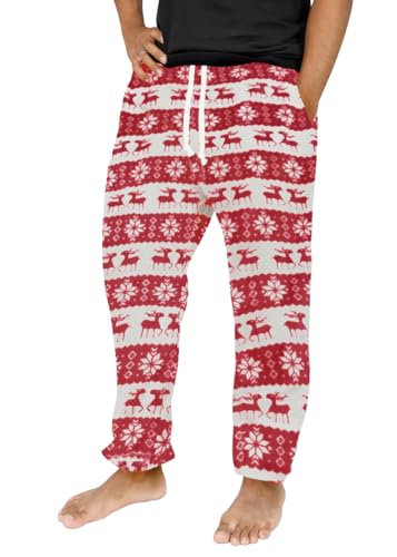 Runcati Schlafanzughose Herren Lang Fleece Warm Weihnachts Rentier Hose Freizeithose mit Taschen und Kordelzug Lounge Pyjamahose,Rosa,XXL von Runcati