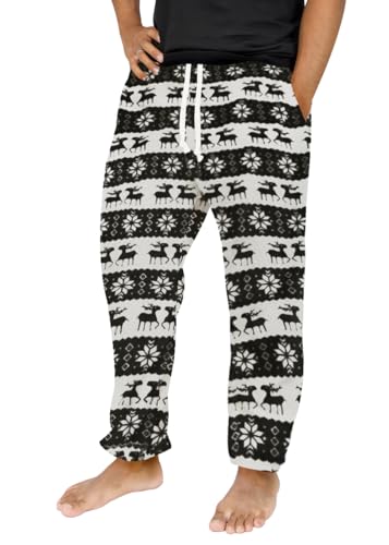 Runcati Schlafanzughose Herren Lang Fleece Warm Weihnachts Rentier Hose Freizeithose mit Taschen und Kordelzug Lounge Pyjamahose,Schwarz,M von Runcati