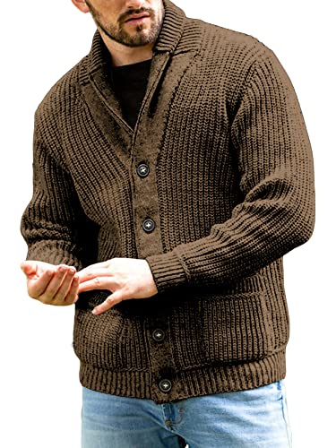 Runcati Strickjacke Herren Grobstrick Cardigan Lässig Schalkragen Langarm Knopfleiste Strickpullover Tops, Braun, L von Runcati