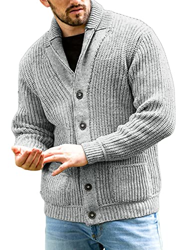 Runcati Strickjacke Herren Grobstrick Cardigan Lässig Schalkragen Langarm Knopfleiste Strickpullover Tops, Grau, XXL von Runcati