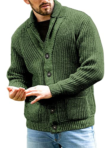 Runcati Strickjacke Herren Grobstrick Cardigan Lässig Schalkragen Langarm Knopfleiste Strickpullover Tops, Grün, L von Runcati
