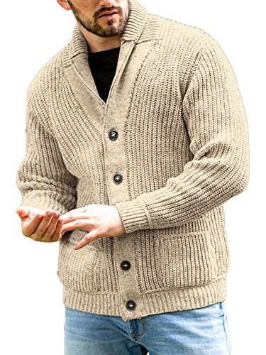 Runcati Strickjacke Herren Grobstrick Cardigan Lässig Schalkragen Langarm Knopfleiste Strickpullover Tops, Khaki, L von Runcati