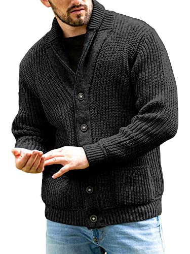 Runcati Strickjacke Herren Grobstrick Cardigan Lässig Schalkragen Langarm Knopfleiste Strickpullover Tops, Schwarz, M von Runcati