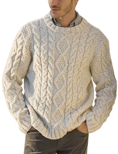 Runcati Strickpullover Herren Grobstrick Zopfmuster Pullover Herbst Winter Rundhals Pulli Sweater, Beige, L von Runcati