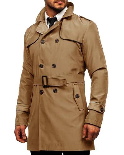 Runcati Trenchcoat Herren Slim Fit Zweireiher Mantel Mittellang klassisch Business Casual Coat Herbst winddicht Mantel,Braun,XXL von Runcati