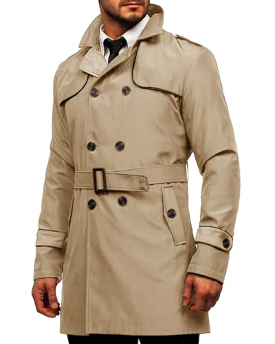 Runcati Trenchcoat Herren Slim Fit Zweireiher Mantel Mittellang klassisch Business Casual Coat Herbst winddicht Mantel,Khaki,M von Runcati