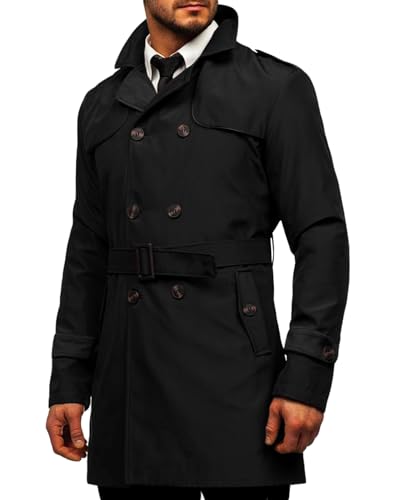 Runcati Trenchcoat Herren Slim Fit Zweireiher Mantel Mittellang klassisch Business Casual Coat Herbst winddicht Mantel,Schwarz,M von Runcati