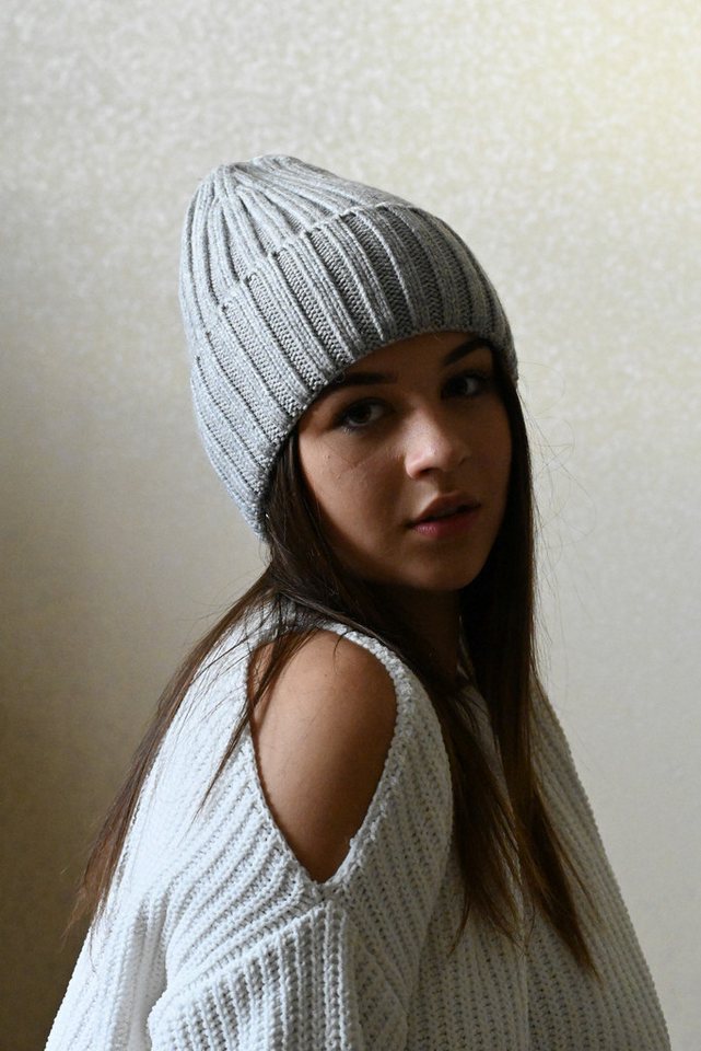 Runde Perlé Beanie warme Wintermütze 100% Merinowolle grau Beanie aus reiner, extrafeiner Merinowolle mit Umschlag von Runde Perlé