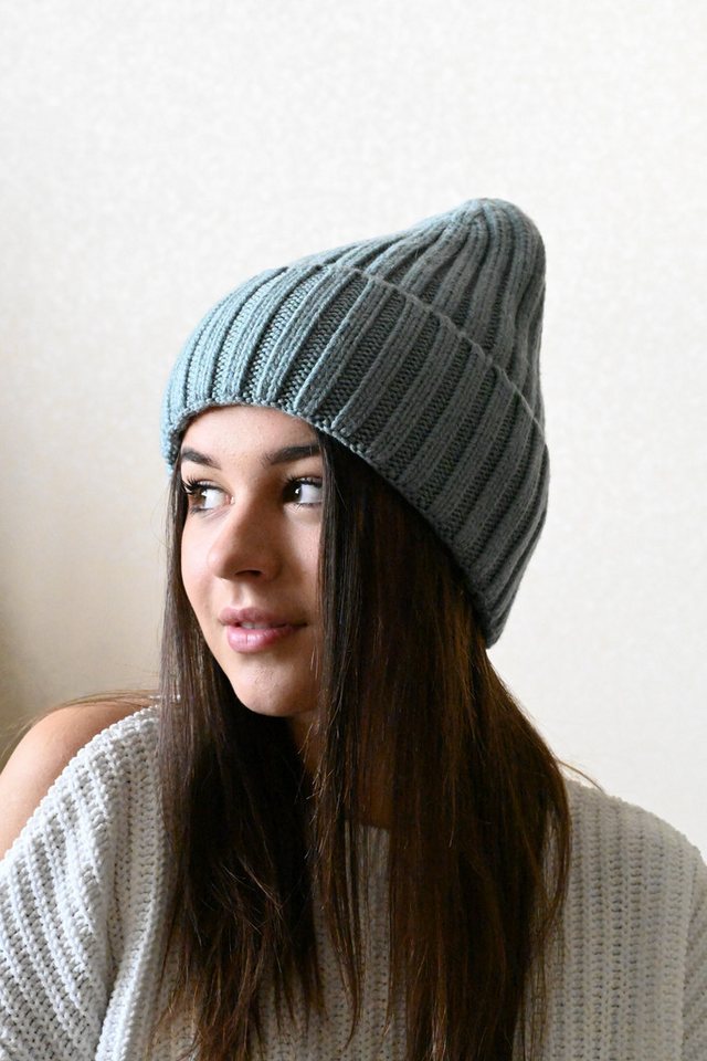 Runde Perlé Beanie warme weiche Wintermütze 100% Merinowolle hellgrün Beanie aus reiner, extrafeiner Merinowolle mit Umschlag von Runde Perlé