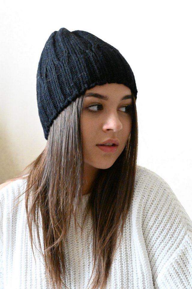 Runde Perlé Beanie weiche dünne Mütze aus 100% Merinowolle schwarz Wintermütze Damen Mütze Beanie Haube Damenmütze Winter von Runde Perlé
