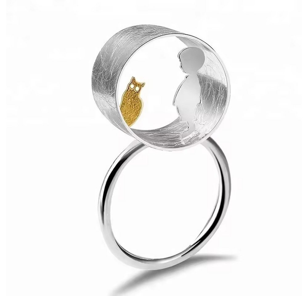 Runde Perlé Fingerring Katze trifft Liebe, handgefertigt, Mädchen oder Junge mit Katze, 925er Silber, 18K Gold von Runde Perlé