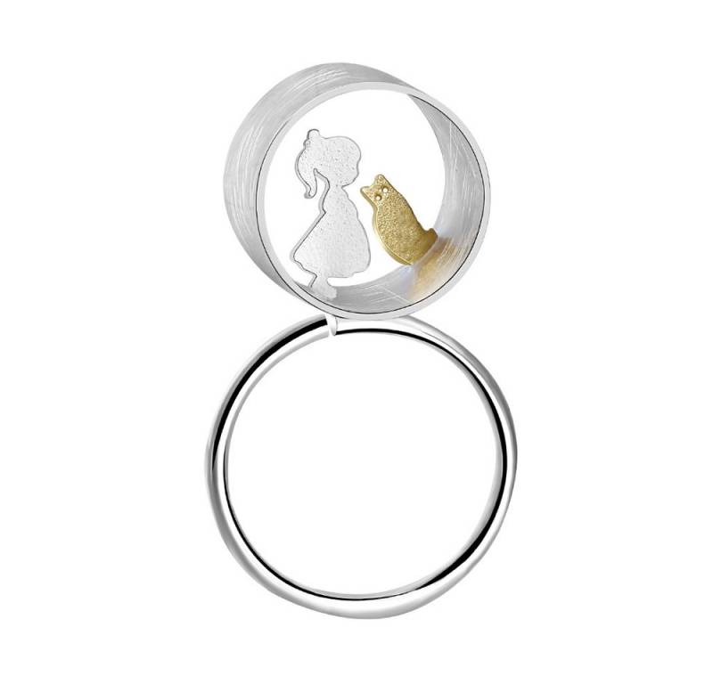 Runde Perlé Fingerring Katze trifft Liebe, handgefertigt, Mädchen oder Junge mit Katze, 925er Silber, 18K Gold von Runde Perlé