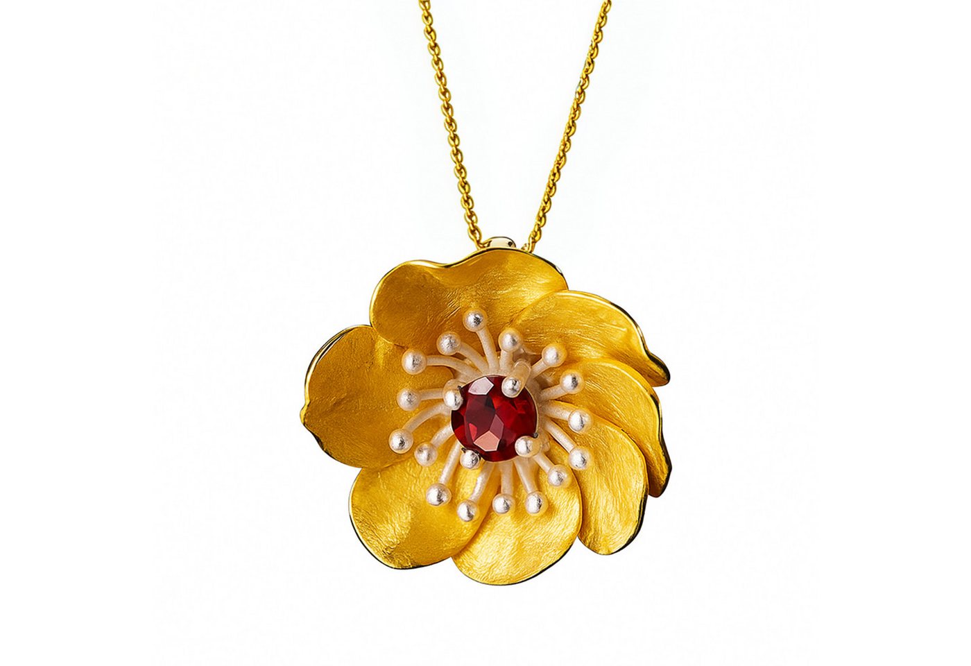 Runde Perlé Kette mit Anhänger Kette mit großer Anemone Blume Anhänger, 925 Sterling Silber, 18K vergoldet, mit natürlichem Granat von Runde Perlé