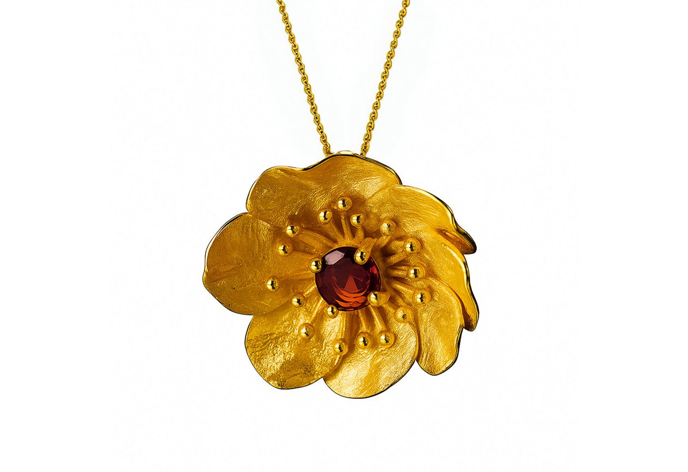Runde Perlé Kette mit Anhänger Kette mit großer Anemone Blume Anhänger, 925 Sterling Silber, 18K vergoldet, mit natürlichem Granat von Runde Perlé