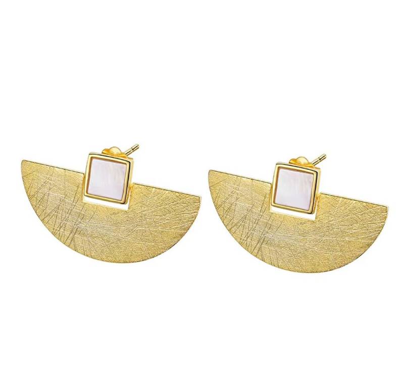 Runde Perlé Paar Ohrstecker elegante große Halbkreis Ohrringe mit Shell oder Aventurin, handgefertigte Ohrringe, 925er Silber, 18K Gold von Runde Perlé