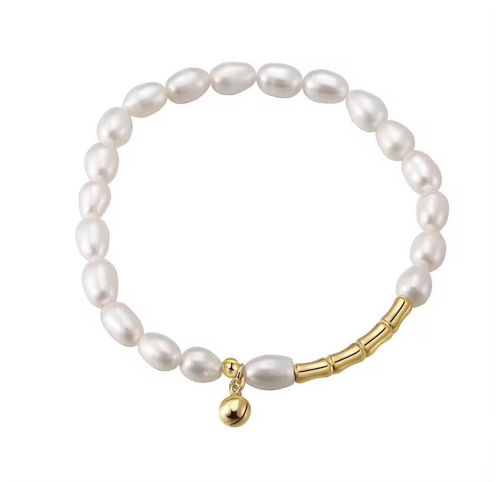 Runde Perlé Perlenarmband Bella, natürliche ovale Süßwasserperlen, mit Kügelchen Anhänger, 925er Silber, 14K Gold von Runde Perlé