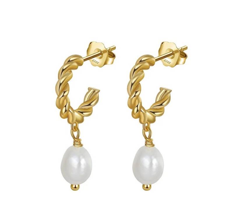 Runde Perlé Perlenohrringe Emma, kleine Creolen, ovale Süßwasserperlen, handgefertigte Halbcreolen, Süßwasserperlen, 925er Silber, 14K Gold von Runde Perlé