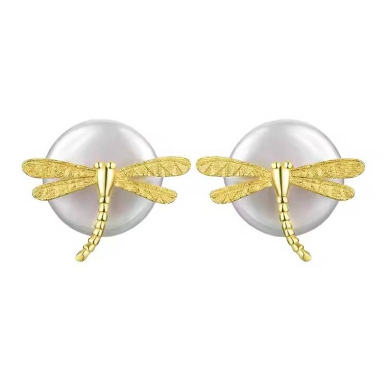 Runde Perlé Perlenohrringe flache kleine Perle mit Libelle Ohrstecker, handgefertigte Ohrringe, Süßwasserperlen, 925er Silber, 14K Gold von Runde Perlé